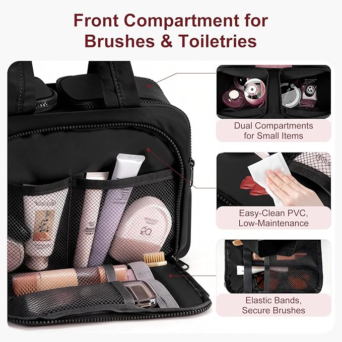 Travel Makeup Bag, Portable Travel Bag with Hanging Hook for Women, Waterproof and Hanging Toiletry Bags Travel Organizer Accessories for Travel Essentials,Black