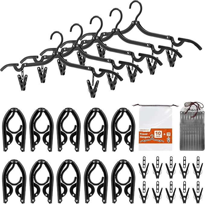 HOUSE DAY 10 Pack Travel Hangers with Clips, Cruise Essentials 2026, Black Foldable Hangers for Pants Skirt, Lightweight Portable Collapsible Clothes Hangers Space Saving Set for Hotel, RV, Dorm