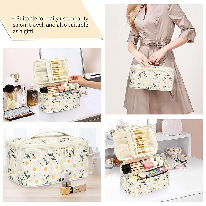 OCHEAL Makeup Bag,Travel Makeup Organizer Bag, Cute Cosmetic Bags for Women Girls Travel Toiletry Bag Traveling With Brush Slot And Divider-Floral