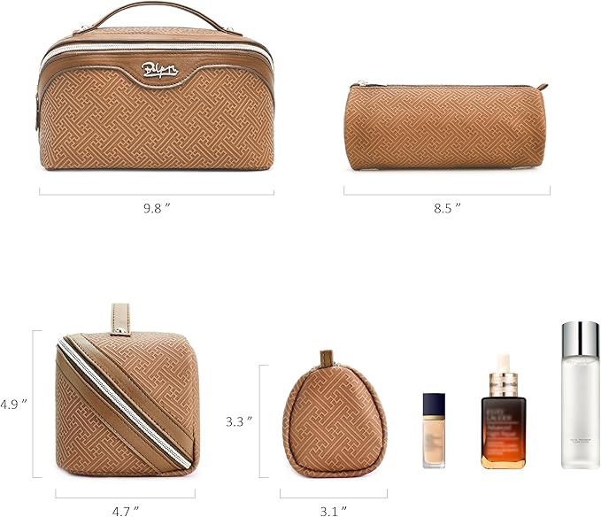 BOYATU Travel Makeup Bags for Women: Vintage Roman Column Texture Large Capacity Cosmetic Bag - Each Journey, Quiet Luxury Serenity - 3 Pcs Set Organizer Toiletry Purse 50% Extra Storage(Brown)