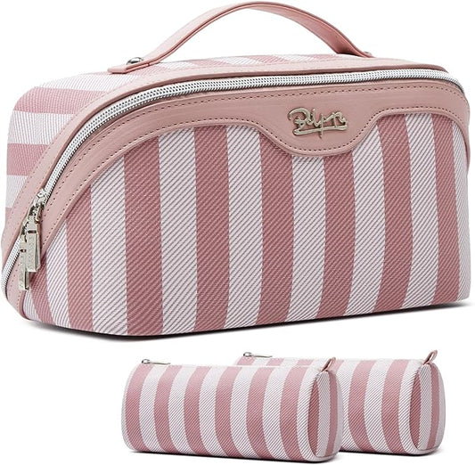 BOYATU Travel Makeup Bag Cosmetic Bag for Women: 3 Pcs Set Striped Make up Bag with Compartments - Waterproof Vegan Leather Toiletry Bags with Handle - Makeup Organizer for Travel Essentials(A-3-Pink)