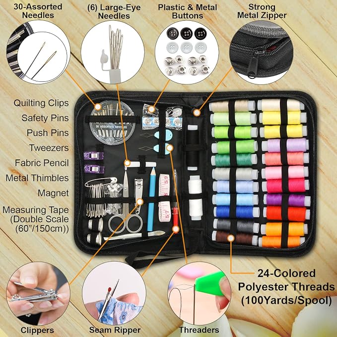 VelloStar Sewing Kit for Adults – Easy to Use Needle and Thread Kit, 24 Color Threads, 30 Needles, Scissors, Mini Travel Sewing Set for Emergency Repairs