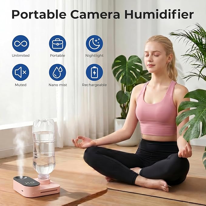 Travel Humidifier, Portable Mini Cool Mist Humidifier, Small Bottle Humidifier with Auto Shut-Off, Night Light, USB Rechargeable, for Bedroom, Office, Hotel, Car and Plants, Pink