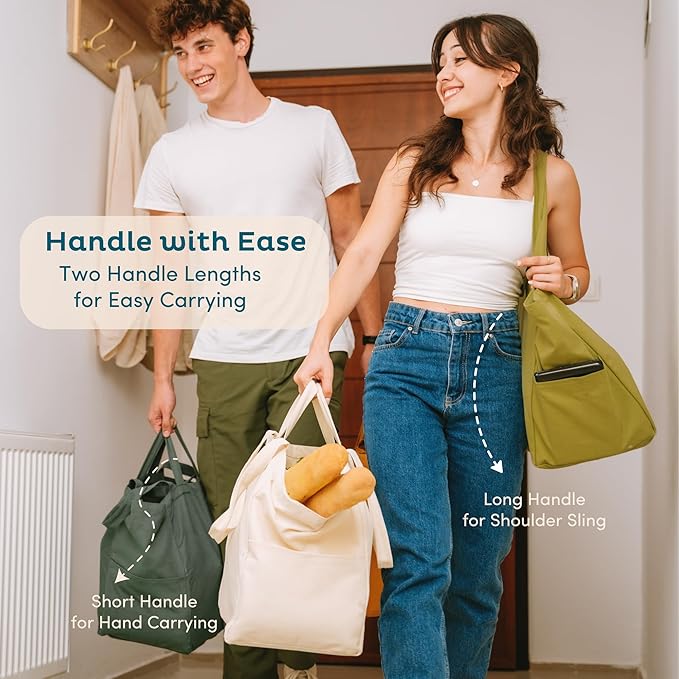 Nook Theory 3-Pack Reusable Grocery Bags - Heavy Duty, Large 12 Oz Cotton Canvas Reusable Shopping Bags With Pockets, 100% Cotton Cloth Grocery Totes, Foldable Multi Compartment (Mocha)