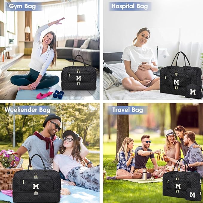 Initial Travel Duffle Bag for Women - Black Personalized Weekender bags Overnight Bag with Shoe Compartment & Wet Pocket Weekend Tote Bags with Toiletry Bag Monogram Christmas Gift (Letter M)