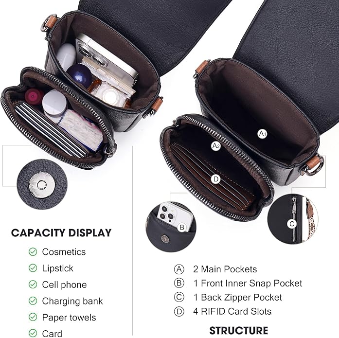 POIUGOYA Crossbody Bags for Women,Small Crossbody Purse with Triple Compartments,Cell Phone Wallet with Card Slots for Travel | Small