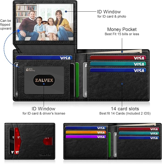 Wallet for Men Slim RFID Blocking Leather Credit Card Holder Wallet for 14 Cards, Bifold Minimalist Thin Wallet with 2 ID Windows & Cash Slot, Front Pockt Carteras Para Hombres, Birthday Gifts for Men