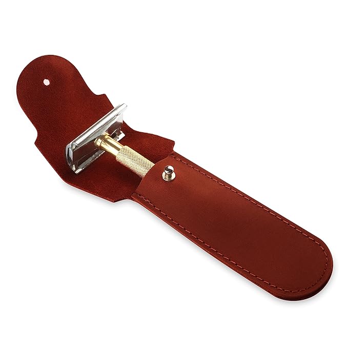Safety Razor Head Protecting Leather Cover, Genuine Cowhide Leather Double Edge Safety Razor Case Accessories for Travel, Butterfly Razor Case, Soft Leather Double Edge Razor Case (Cognac)