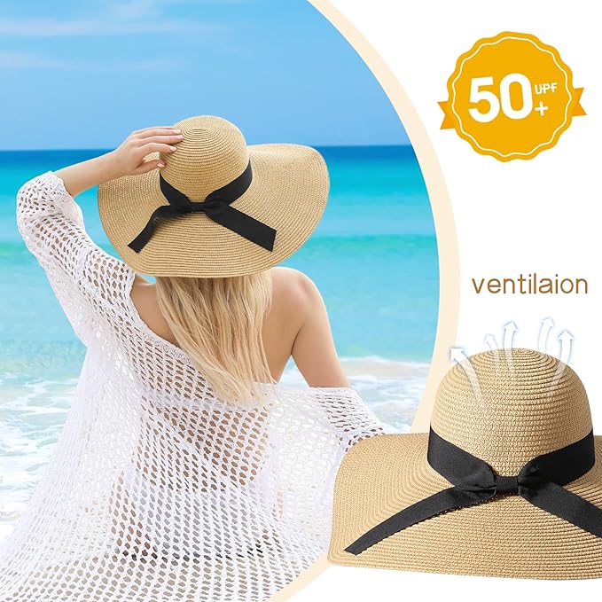 Beach Hat for Women, Wide Brim Sun Straw Hats for Women, Sun Hat Womens UPF 50+ UV Protection, Floppy Foldable Summer Hats