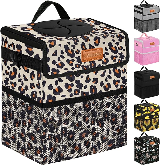ELONGRIVER Car Trash Can Bin for Back Seat Leak Proof, Cute Car Trash Bag Hanging, Vehicle Trash Can for SUV Truck Van, Automotive Garbage Cans Front Seat Leopard Print