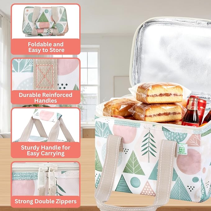 VENO 2 Pack Insulated Lunch Bag for Women Men, Reusable Lunch Box Grocery Shopping Bag Small Cooler with Handles Zippers for Work Office Picnic Beach (Pastel Forest)