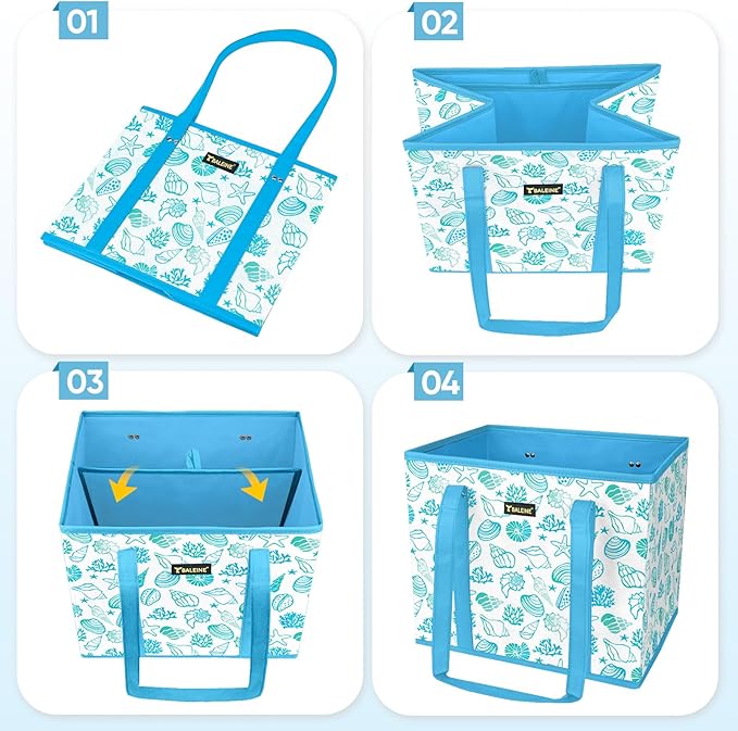 BALEINE 3Pk Reusable Grocery Bags, Foldable Shopping Bags for Groceries with Reinforced Bottom & Handles (Summer Beach-Blue)