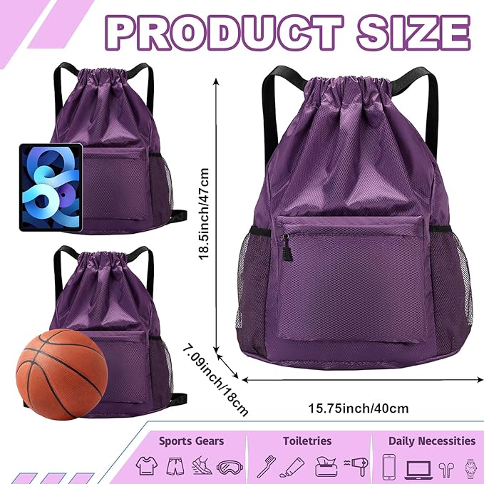 Tygelluis Drawstring Backpack, Waterproof Gym Bag with Water Bottle Pocket for Women Men, Pull String Sport Bag for Swim, Soccer and Basketball,Purple
