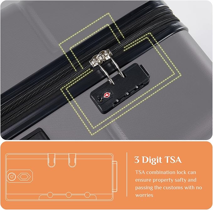 Sweetcrispy 3 Piece Luggage Set, ABS Hard Shell Carry On Suitcase with Smooth Spinner Wheels and TSA Lock, Lightweight Rolling Travel Luggage 20/24/28 Inch for Travel Business Vacation, Dark Grey