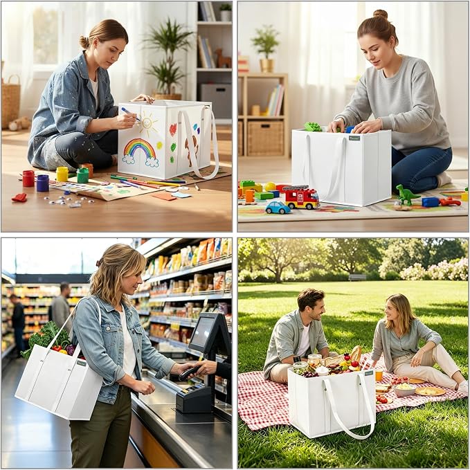 BALEINE 3Pk Reusable Grocery Bags, Foldable Shopping Bags for Groceries with Reinforced Bottom & Handles (White)