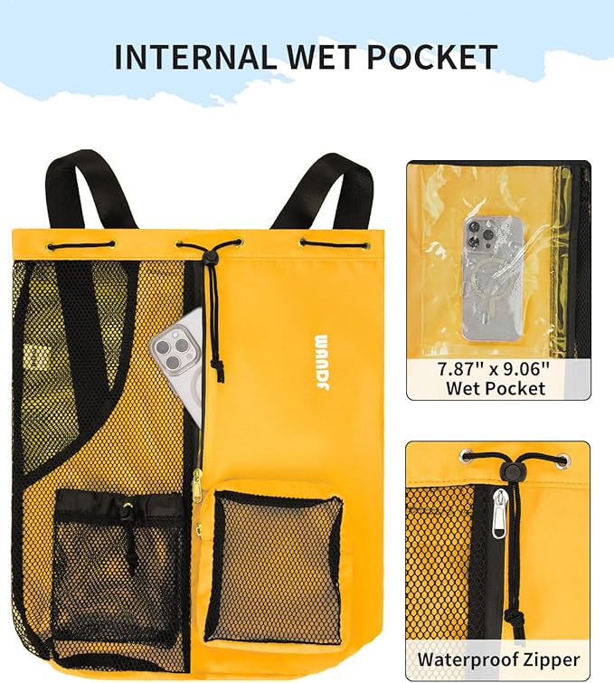 WANDF Swim Bag Mesh Drawstring Backpack with Wet Pocket for Swimming, Gym, and Workout Gear