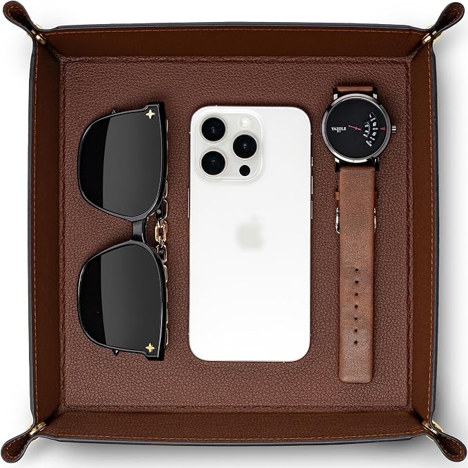 VLANDO Valet Tray for Men Women, Nightstand Organizer Vanity Catchall Holder for Dresser Desk Storage Bedside, Travel PU Leather Jewelry Key Bowl Coin Watches and Candy Entryway Tray - Large, Brown | Large PU leather tray for keys, wallet, watch, coins...