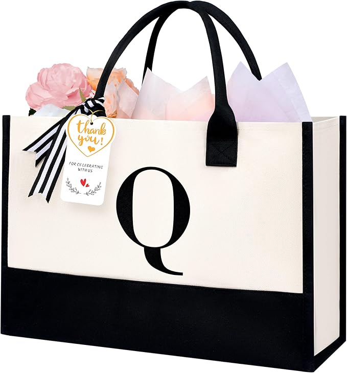 BAGAIL Initial Tote Bag, Personalized Birthday Gifts for Women, Teacher, Friends, Mom, Wedding, Monogrammed Beach Bag