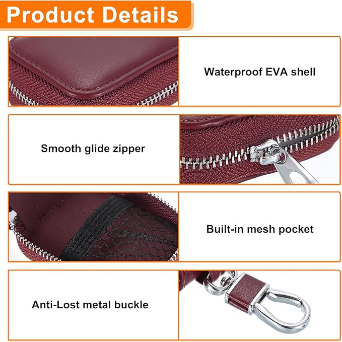 HARFINGTON Earbuds Cases, Earphone Case Holder, PU Leather Ear Buds Case Zipper Organizer Small with Mesh Pocket for USB Cable, Wireless Wired Earphones, Burgundy
