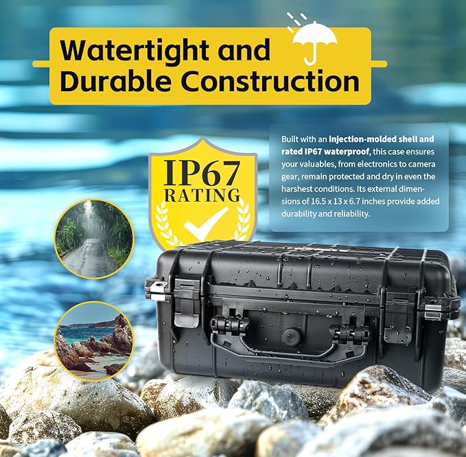 MaxWorks 51016 Waterproof Hard Case IP67 – Protective Foam Interior, Fits 12.1" x 9.2" x 5.2" Items – Rugged Storage for Camera, Tools, Valuables – 13.6" x 11.5" x 5.7" Exterior, Black