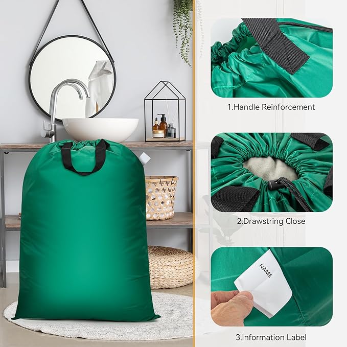 Isink Extra Large Laundry Bag With Handles, Heavy Duty, Travel Laundry Bag for Dirty Clothes, 28" x 40" (Green)