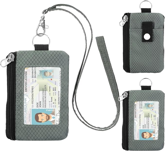 Minimalist RFID Wallet with Lanyard, Multi-Functional ID Case with 2 Zipper Pockets and Key Chain for Men and Women, Tactical Badge Pouch Cards Holder, Coin Purse for Travel Sports - Green&Blue