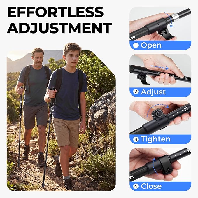 Trekking Poles for Hiking - Collapsible Lightweight 7075 Aluminum Hiking Sticks, 43-53 Inch Adjustable Tri-Fold Walking Poles with Anti-Slip EVA Grip for Men and Women