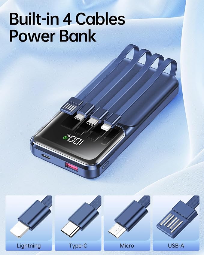 RONEGN Portable Charger with Built in Cable 10000mah USB C Power Bank Fast Charging Travel Essential Battery Pack for iPhone Samsung Android iPad etc