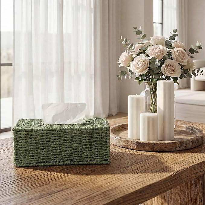 Sage Green Tissue Box Cover Rectangle Natural Paper Rope Hand Woven Tissue Box Holder for Bathroom Living Room Bedroom Kitchen Table Desk Office Farmhouse Home Decor