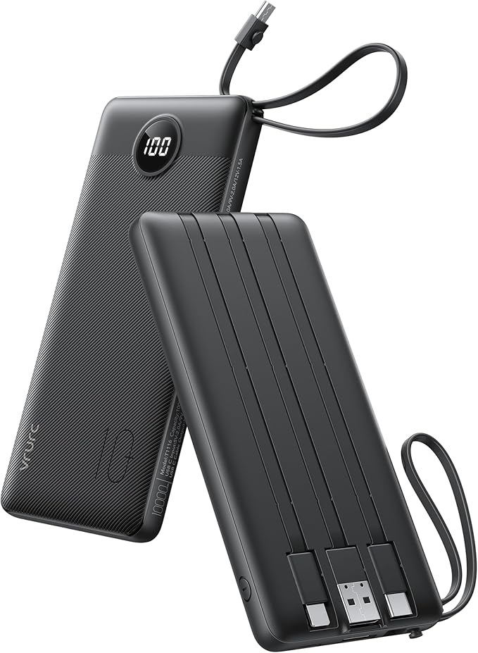 VRURC Portable Charger, Built-in 4 Cables Slim Power Bank 10000mAh, USB C Charging Bank with LED Display, Compact Travel Battery Pack for iPhone 17 16 15 14 13, Samsung, Android-Black(1 Pack)