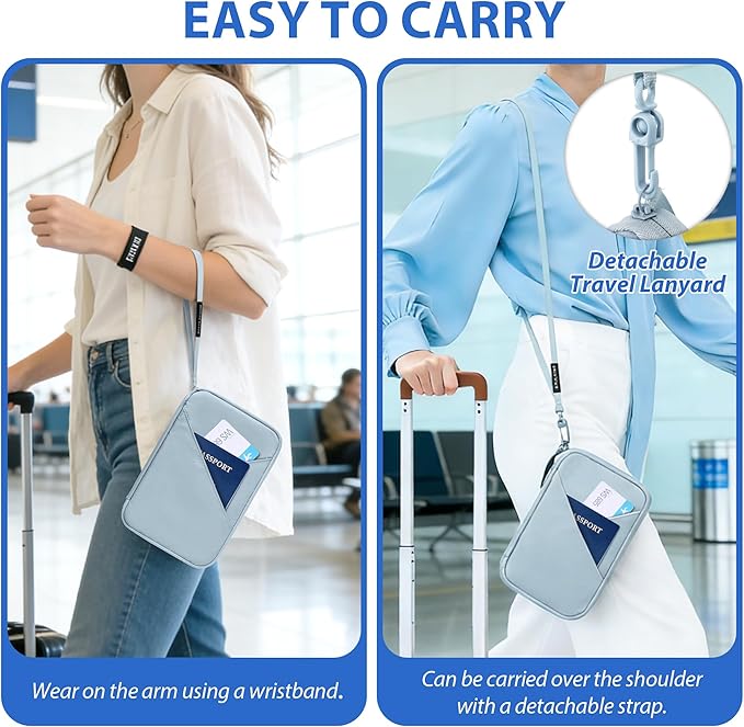 Veki Passport Holder for Travel Women Family, Passport Wallet Bag, RFID Travel Document Organizer, Waterproof Passport Holder for Men, Portable Case for Cards, Cash, Tickets, ID (Blue Gray, L)