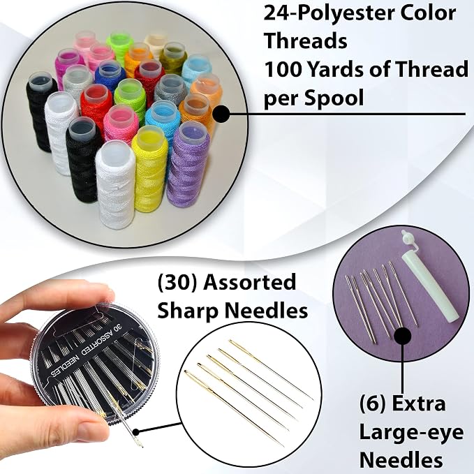 VelloStar Sewing Kit for Adults – Easy to Use Needle and Thread Kit, 24 Color Threads, 30 Needles, Scissors, Mini Travel Sewing Set for Emergency Repairs
