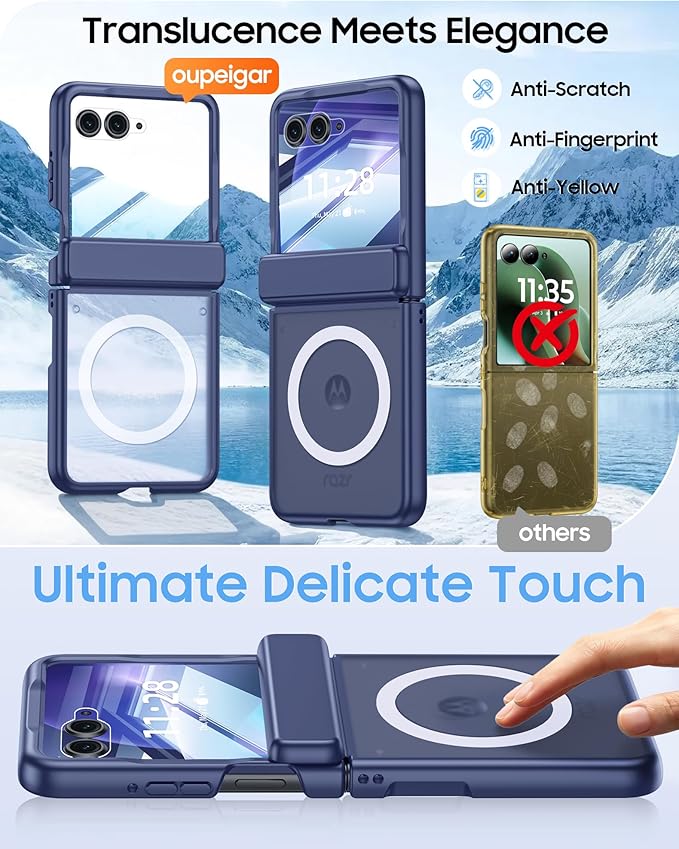 Magnetic for Motorola Razr+ Plus 2026,Razr+ 2025/2024 Case,Hinge Protection, Screen Protector, Compatible with MagSafe, Translucent Frosted, Shockproof Cover for Razr+ 2026/2025/2024-Blue