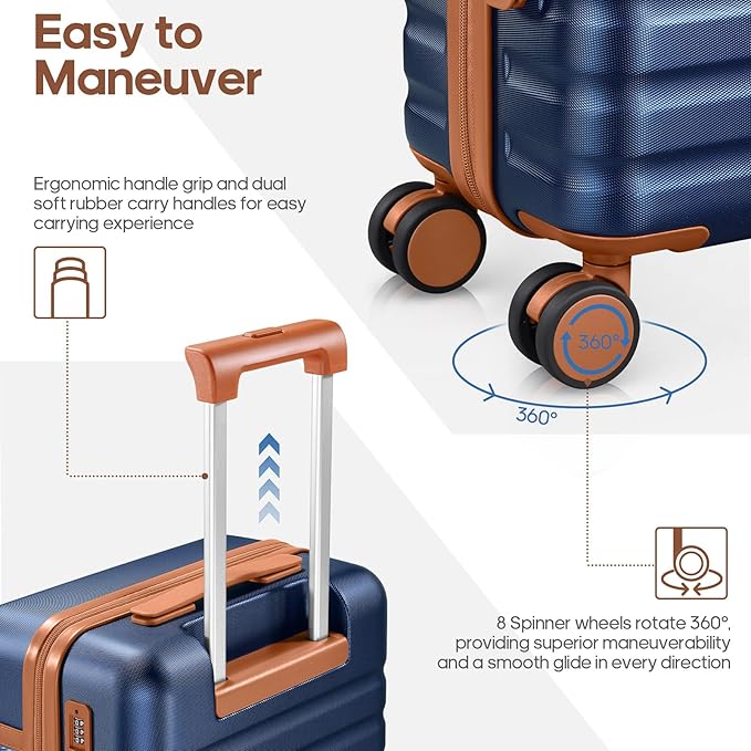 UKEIN Luggage Sets 3 Piece, PC Hardside Large Luggage 24 Inch With Spinner Wheels with TSA Lock, Carry On Suitcase Set With Travel Backpack for Men (Blue, 3 piece set (24inch))