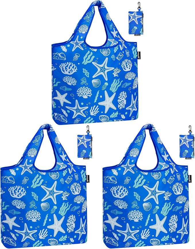 HOLYLUCK Reusable Grocery Bags,Heavy Duty Foldable Shopping Tote Bag (Standard, 3 Starfish)