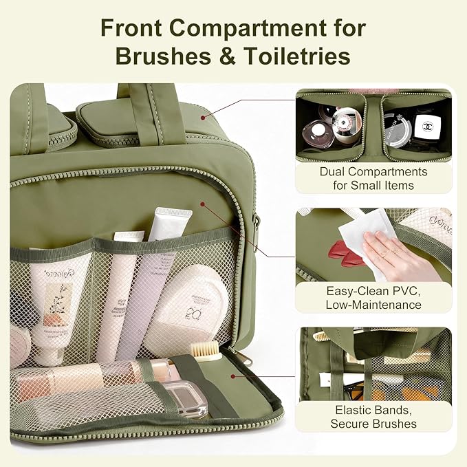 Travel Makeup Bag, Portable Travel Bag with Hanging Hook for Women, Waterproof and Hanging Toiletry Bags Travel Organizer Accessories for Travel Essentials,Green