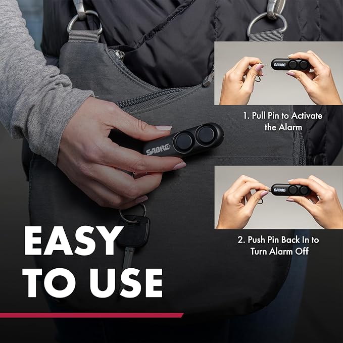SABRE Personal Alarm With Key Ring, 120dB Alarm, Audible Up To 1,280 Feet (390 Meters), Simple Operation, Reusable, Black