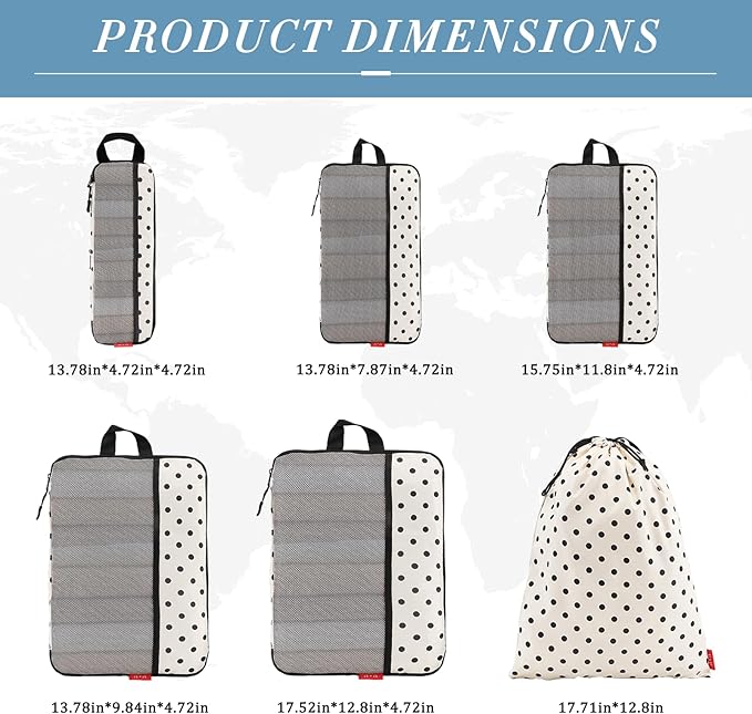 U+U 6 Set Compression Packing Cubes - Travel Organizers with Laundry Bag, Space-Saving Suitcase Organizer, Expandable Packing Organizers for Travel Essentials (Polka Dot)