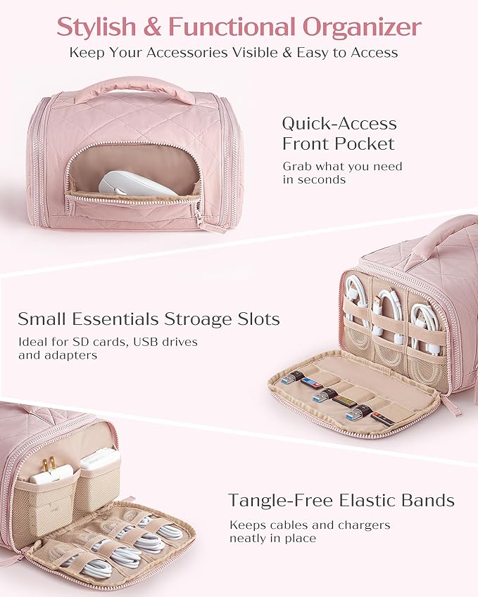 Marscamd Cable Organizer Bag, Travel Cord & Charger Organizer Pouch for Tech Accessories & Electronics, Home Storage, Pink