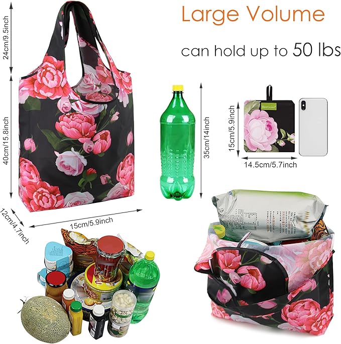 BeeGreen Flower Reusable Shopping Bags Cute Grocery Bag 6 Pack, Christmas Gift Bags Heavy-Duty Foldable Shopping Totes for Supermarket, Work & Travel, Large Washable Polyester Tote Bag with Handles