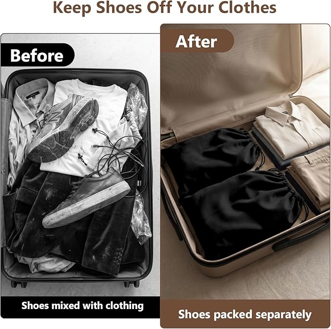 MERKFO Shoe Bags for Travel, 6 Pack Flannel Travel Shoe Bags for Luggage, Large Drawstring Shoe Dust Bags for Packing Shoes, Closet Storage, Fits Up to Men's Size 13, Black