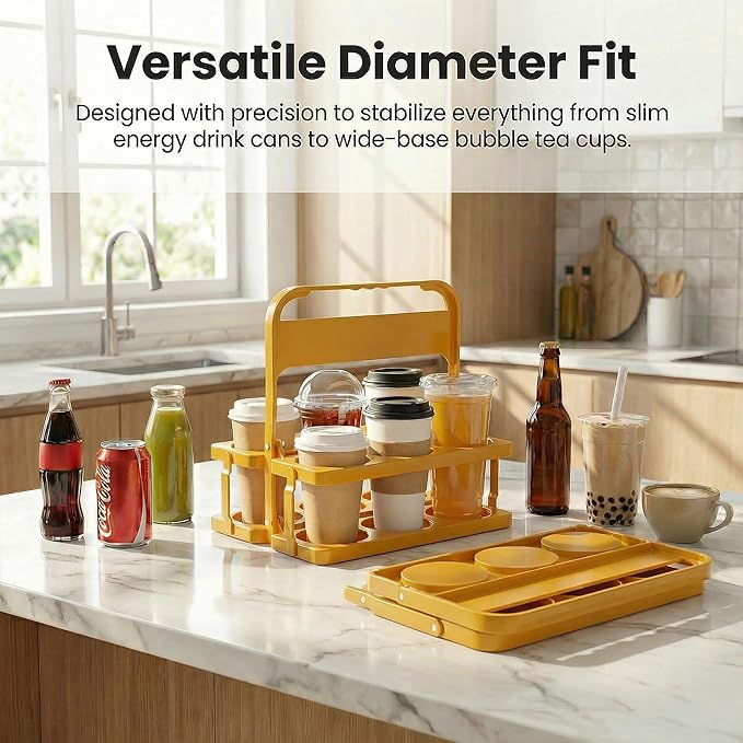 6 Cup Drink Carrier for Delivery - Foldable Drink Holder with Handle, Reusable Cup Carrier for Drinks, Portable Beverage Caddy Accessories for Parties, Camping, Car, Coffee & Bottles (Yellow)