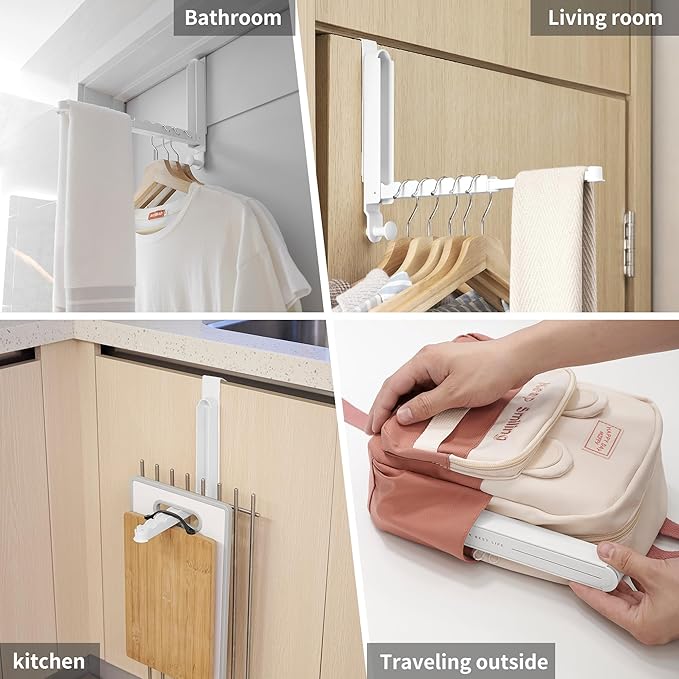 RFOUO Clothes Drying Rack Foldable Fit Door up to 1 3/8" Optimal 2pc,Over The Door Hanger with Retractable Rod,Over The Door Hanger Hooks for Laundry Bathroom Bedroom Travel Hangers(White, 2 Pack)