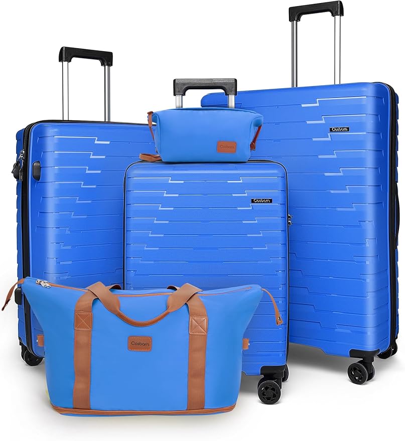 Cosbarn Luggage Sets 5 Piece, Suitcases with Wheels, PP Hard Case Luggage with Upgraded Shock-absorbing Spinner Wheel&TSA Lock, Carry On Luggage Set (IceBlue, 5 Piece Sets (20/24/28/DB/TB))