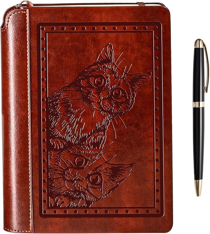 SETTINI® Lined Journal - Cat Journal for Writing Gift Set - Hardcover Vegan Leather, Includes Luxury Pen in a Unique Pen Holder, 192 Pages, A5, Fathers Day Gift, Journal for Women