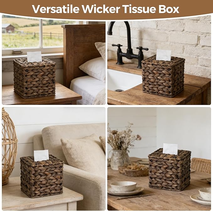 2 Pack Tissue Box Cover, Square Wicker Tissue Box Holder Facial Tissues Boxes, Hand Woven Napkin Box Tissue Holder for Bathroom Bedroom Office Table Desk Night Stand, Boho Decorative, Brown