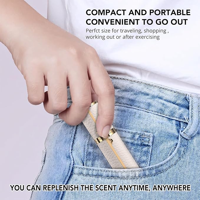 8ML Travel Perfume Refillable Atomizer, Mini Genuine Leather Cologne Sprayer, Protable Pocket Size Empty Fragrance Spray Bottle (White)