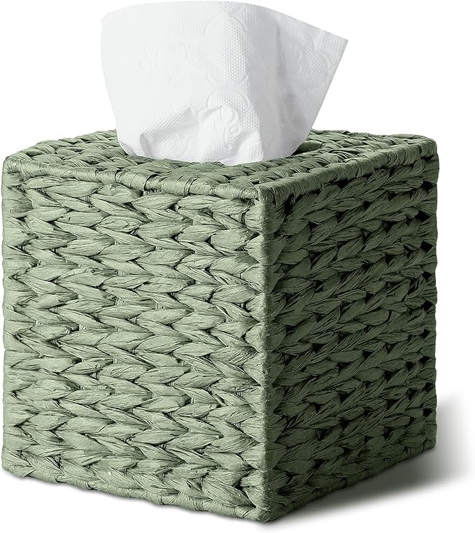 Sage Green Tissue Box Cover Square Natural Paper Rope Hand Woven Tissue Box Holder for Bathroom Living Room Bedroom Kitchen Table Desk Office Boho Home Decor