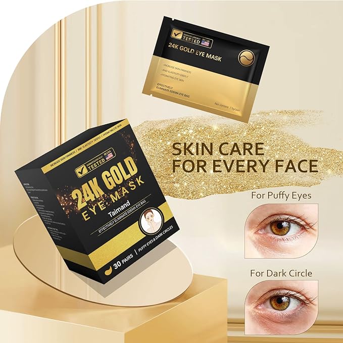 Taimand Under Eye Patches (30 Pairs), 24K Gold Under Eye Mask for Puffy Eyes, Dark Circles,Bags and Wrinkles with Collagen,Relieves Pressure and Reduces Wrinkles,Revitalises and Refreshes Your Skin