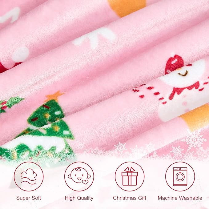 Edenleaf Christmas Blanket Soft Cozy Pink Throws with Snowman Snowflake Santa Claus and Xmas Trees Print, Fuzzy Warm Christmas Throw Blanket for Couch Bed Holiday Decorations Gifts 60"x80" (Pink)